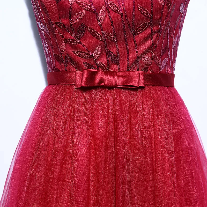 Burgundy V Neck Tulle Long Prom Dress, Evening Dress