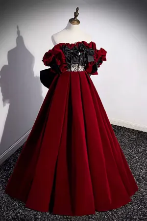 Burgundy Velvet Long Prom Dress Off the Shoulder A-Line Evening Dress