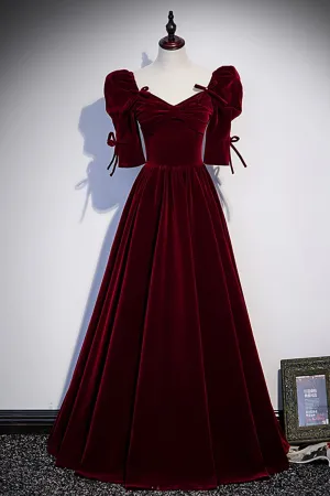 Burgundy Velvet Long Prom Dresses A-Line Short Sleeve Evening Dresses