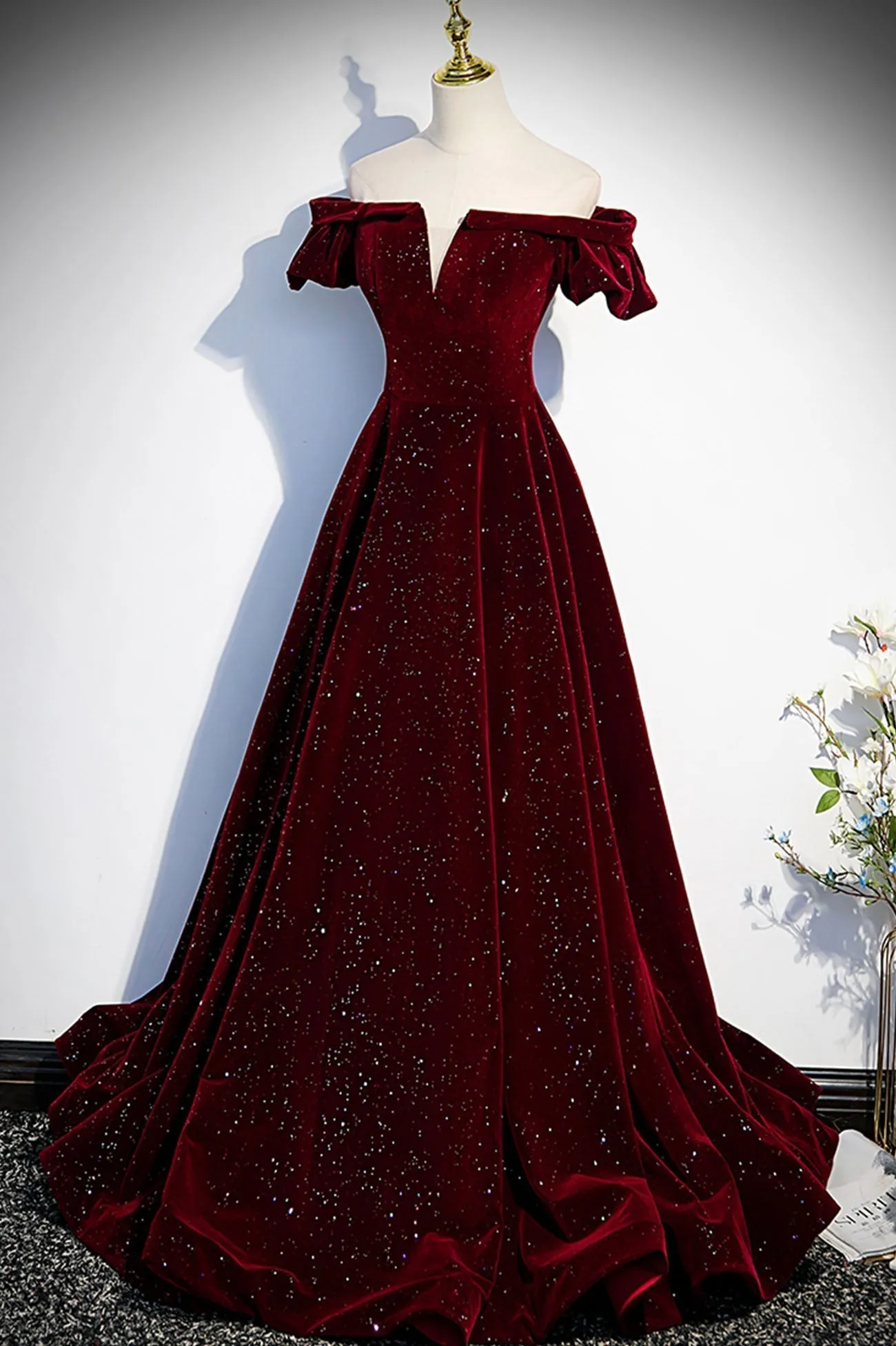 Burgundy Velvet Long Prom Dresses Off the Shoulder Formal Evening Dresses