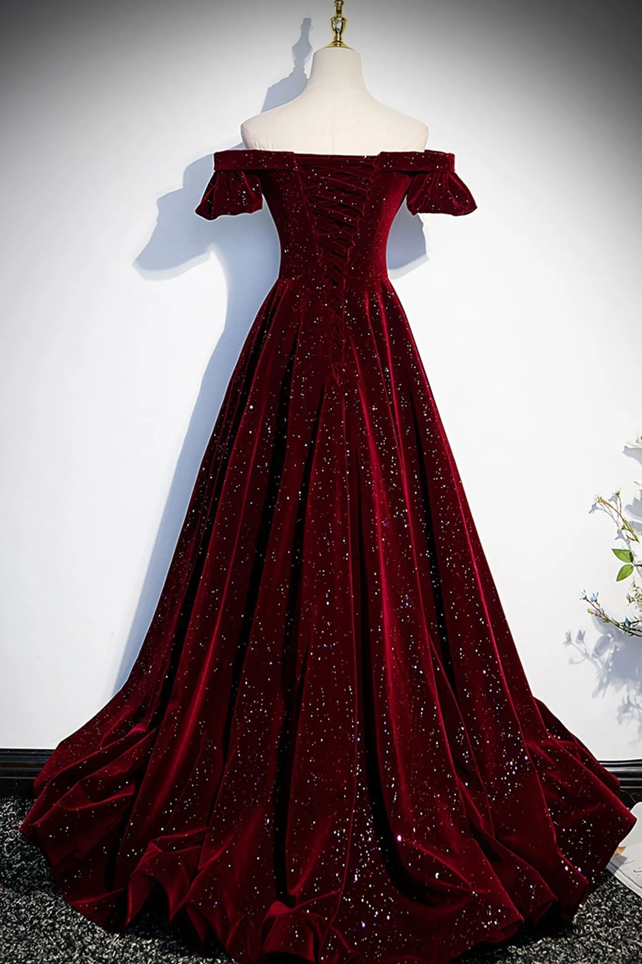 Burgundy Velvet Long Prom Dresses Off the Shoulder Formal Evening Dresses