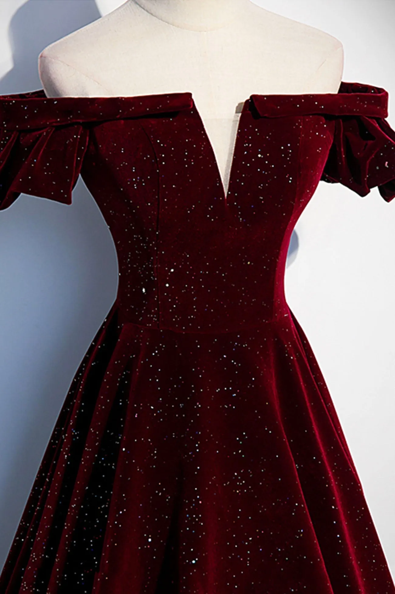 Burgundy Velvet Long Prom Dresses Off the Shoulder Formal Evening Dresses