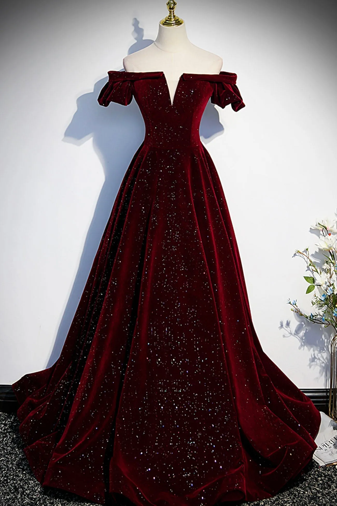 Burgundy Velvet Long Prom Dresses Off the Shoulder Formal Evening Dresses