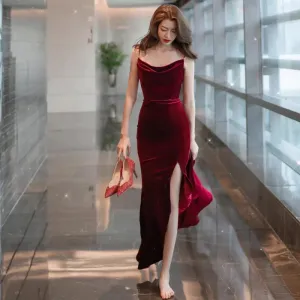 Burgundy Velvet Sexy Mermaid Slit Long Evening Dress, Backless Prom Dress Party Dress