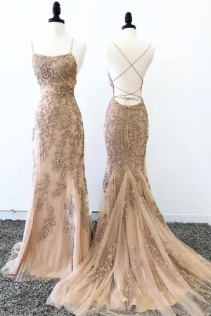 Champagne Mermaid Backless Lace Appliques Long Prom Dresses Champagne Lace Formal Dresses Champagne Graduation Evening Dresses