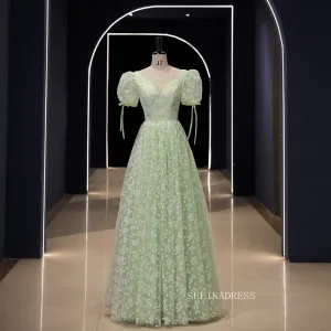 Chic Green Ball Gown Prom Dress Puff Sleeve Elegant Princess Dress Evening Dress #kop121