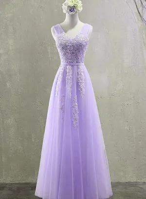 Cute Light Purple Tulle with Lace V-neckline Prom Dress, Long Evening Gown Formal Dress