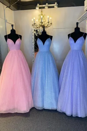 Cute V-Neck Tulle Long Prom Dresses A-Line Evening Dresses