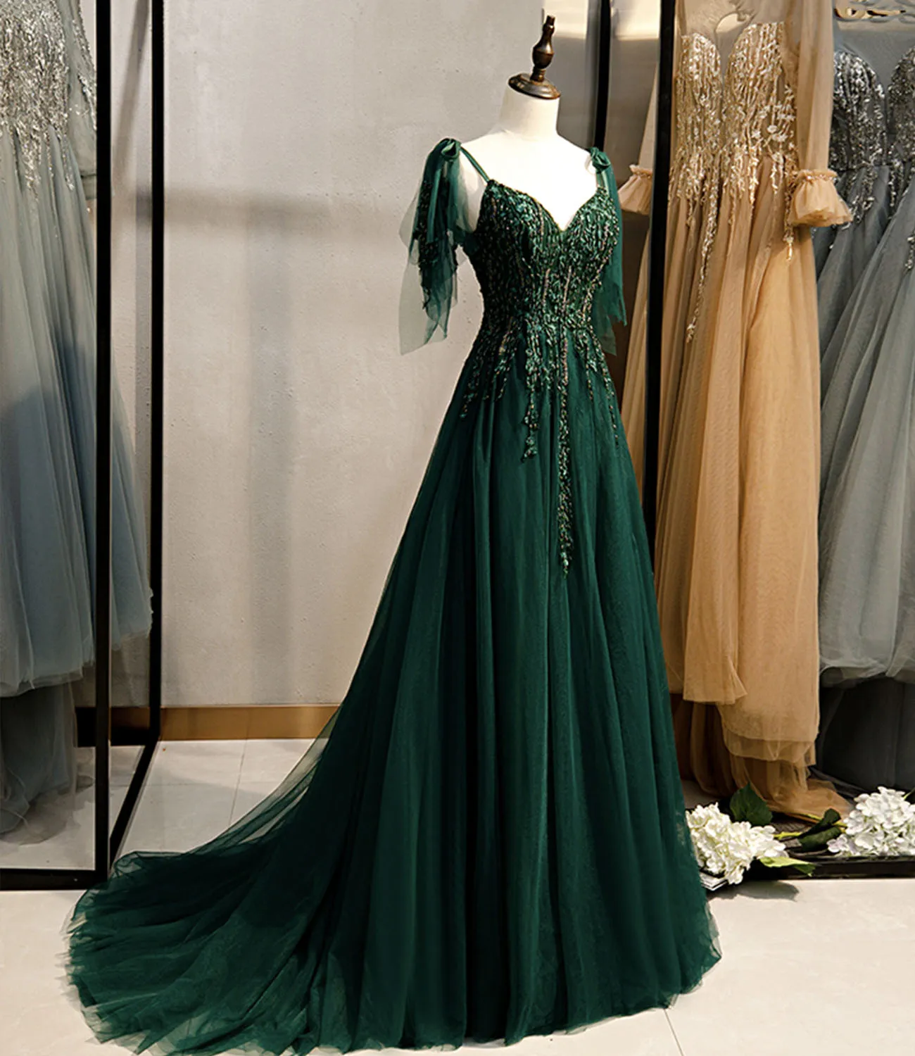 Dark Green Beaded Tulle Straps A-line Formal Dresses, Green Evening Dress Prom Dresses