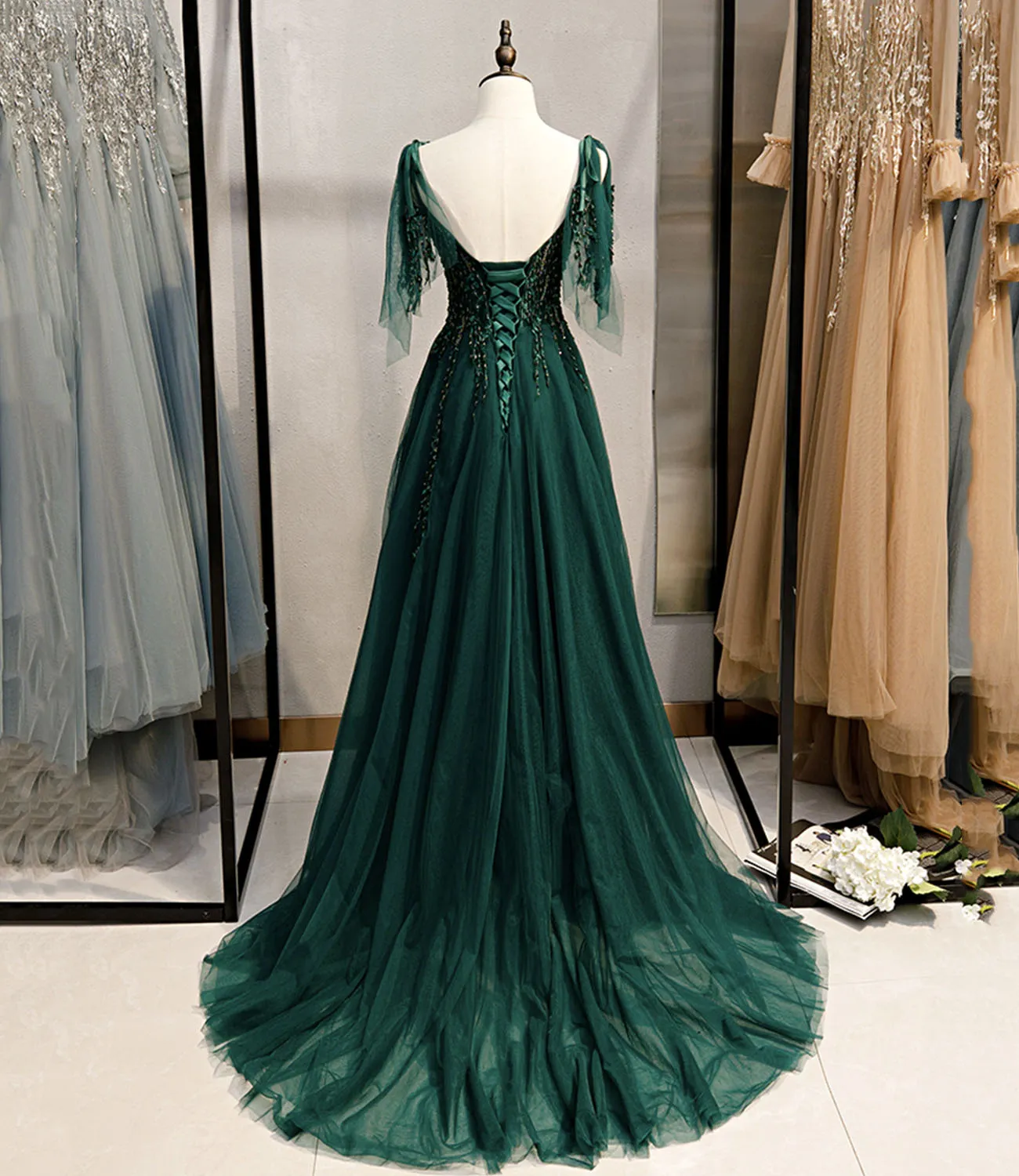 Dark Green Beaded Tulle Straps A-line Formal Dresses, Green Evening Dress Prom Dresses