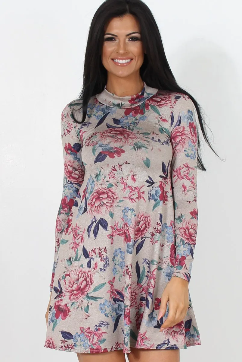 Dark Grey Floral Print Skater Dress-Shyla