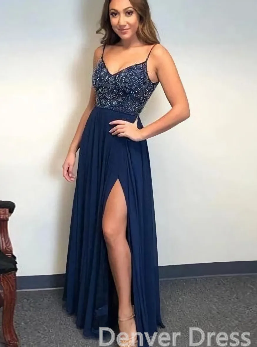 Dark Navy A-line Spaghetti Straps Backless Beaded Long Prom Dresses