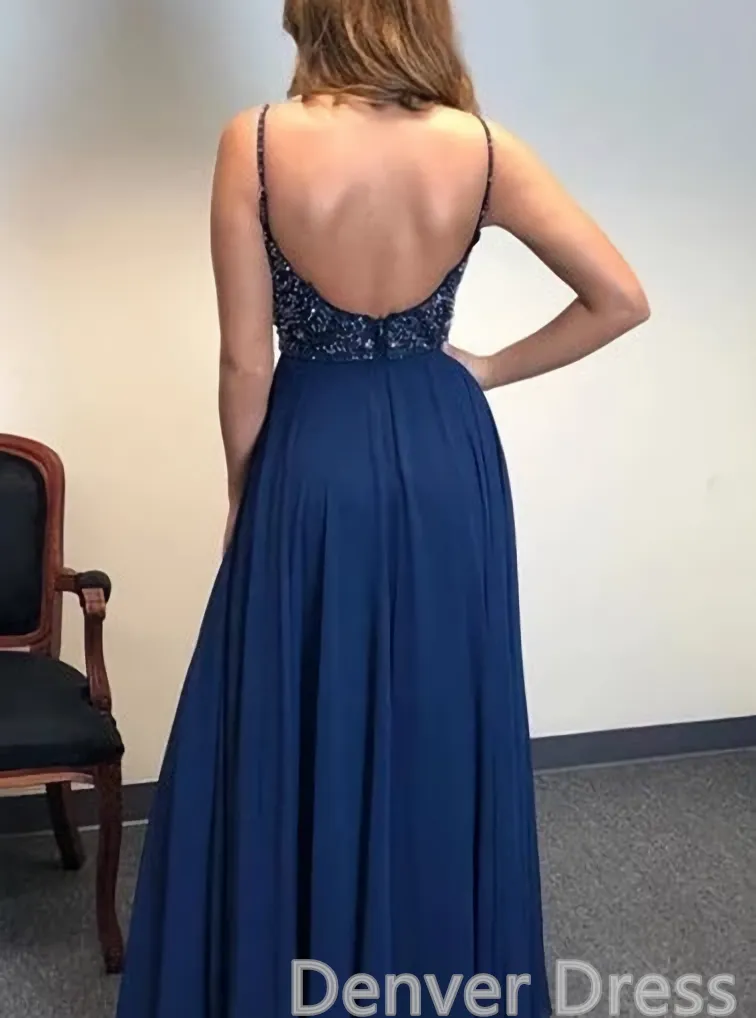 Dark Navy A-line Spaghetti Straps Backless Beaded Long Prom Dresses