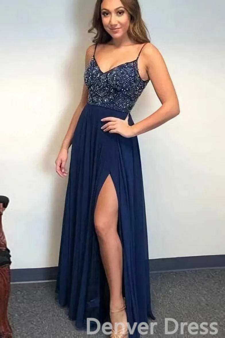 Dark Navy A-line Spaghetti Straps Backless Beaded Long Prom Dresses