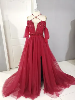 Dark Red Tulle Lace Long Prom Dress, Red Tulle Lace Evening Dress