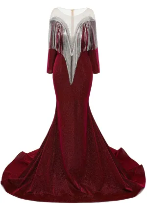 Deep V-neck Shiny Burgundy Prom Dresses Long sleeves Mermaid Evening Party Dresses