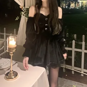 Girlary Gothic Black Velvet Dress Evening Party Long Sleeve Y2k Mini Dress Women Vintage Elegant One Piece Dress Korean Autumn