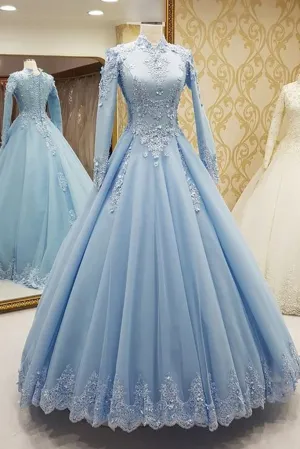 Gorgeous High Neck Long Sleeves Puffy Prom Dress Light Blue Long Evening Dress