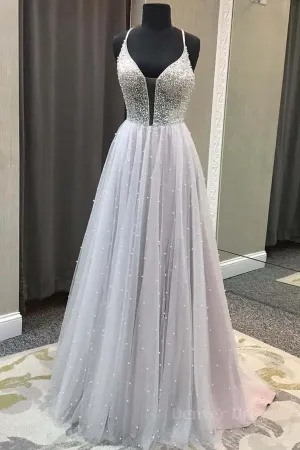 Gorgeous V Neck Backless Beaded Gray Tulle Long Prom Dresses Backless Grey Formal Graduation Evening Dresses