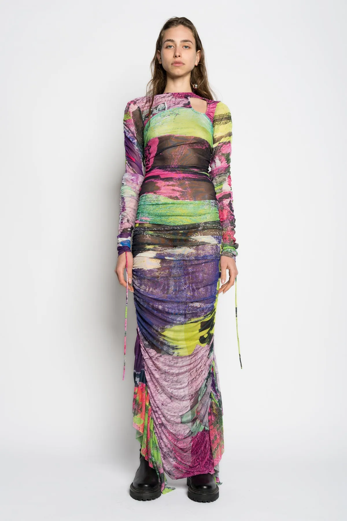 GRAFFITI PRINT LONG GATHERED MESH DRESS