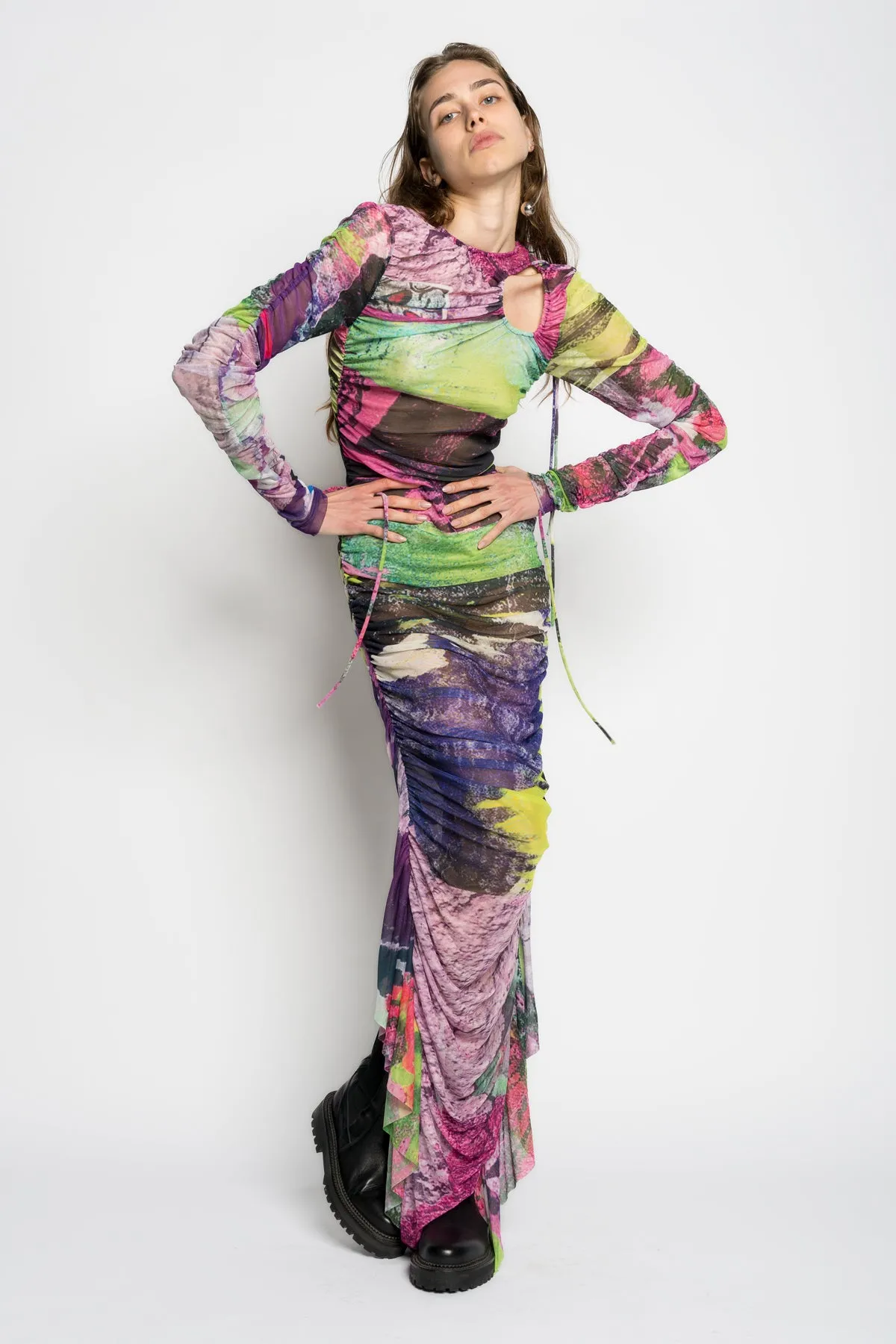 GRAFFITI PRINT LONG GATHERED MESH DRESS