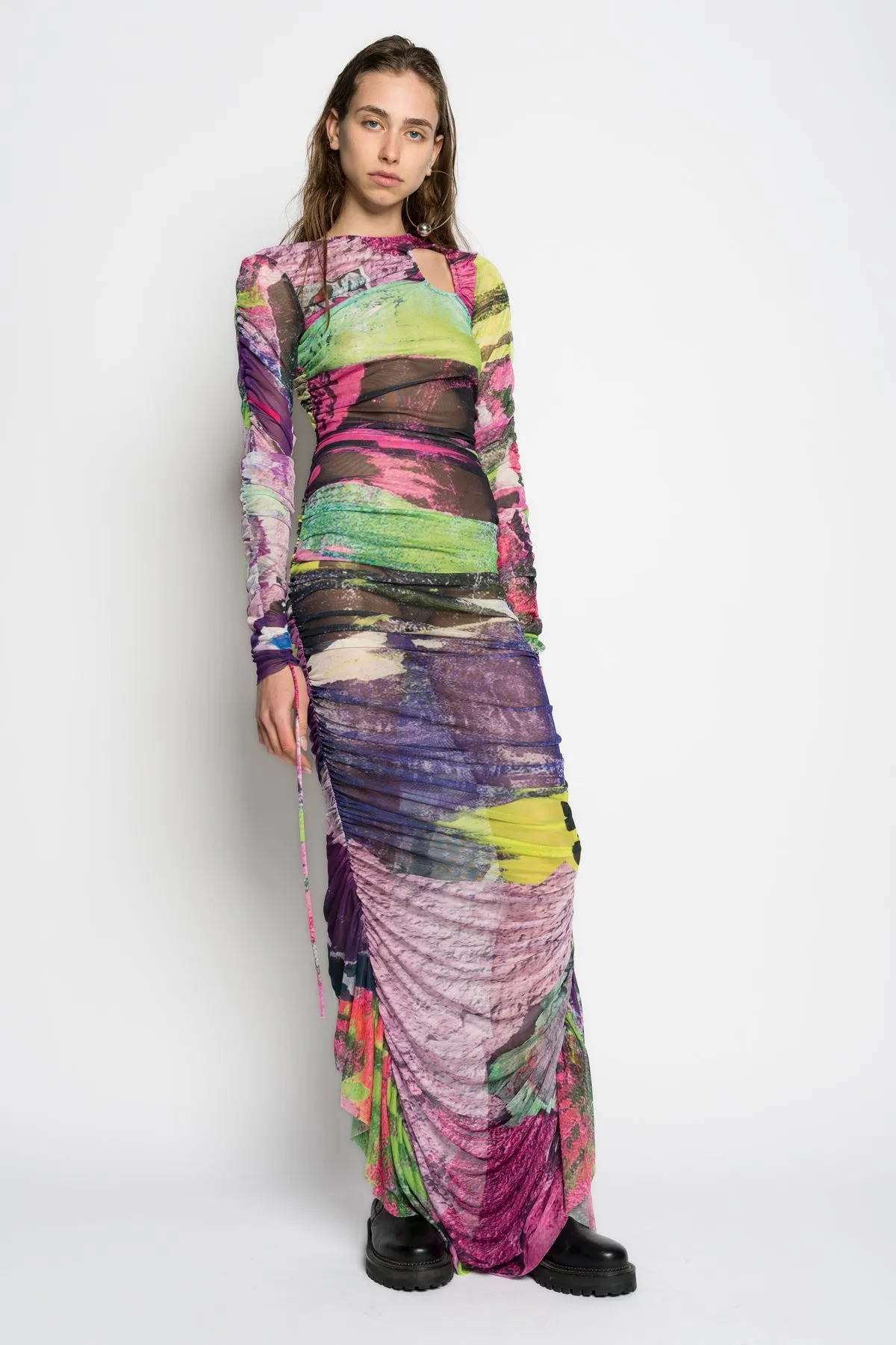 GRAFFITI PRINT LONG GATHERED MESH DRESS