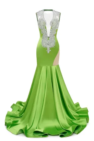 Green Deep V Neck Mermaid Satin Prom Dresses Sparkly Beaded Pageant Crystals Evening Formal Dresses