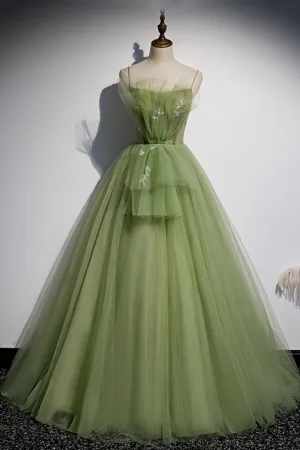 Green Tulle Long A-Line Prom Dresses Green Spaghetti Straps Evening Dresses