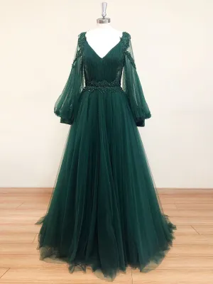 Green V Neck Lace A line Long Prom Dress,Tulle Evening Dresses Long Sleeve