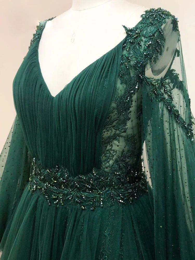 Green V Neck Lace A line Long Prom Dress,Tulle Evening Dresses Long Sleeve