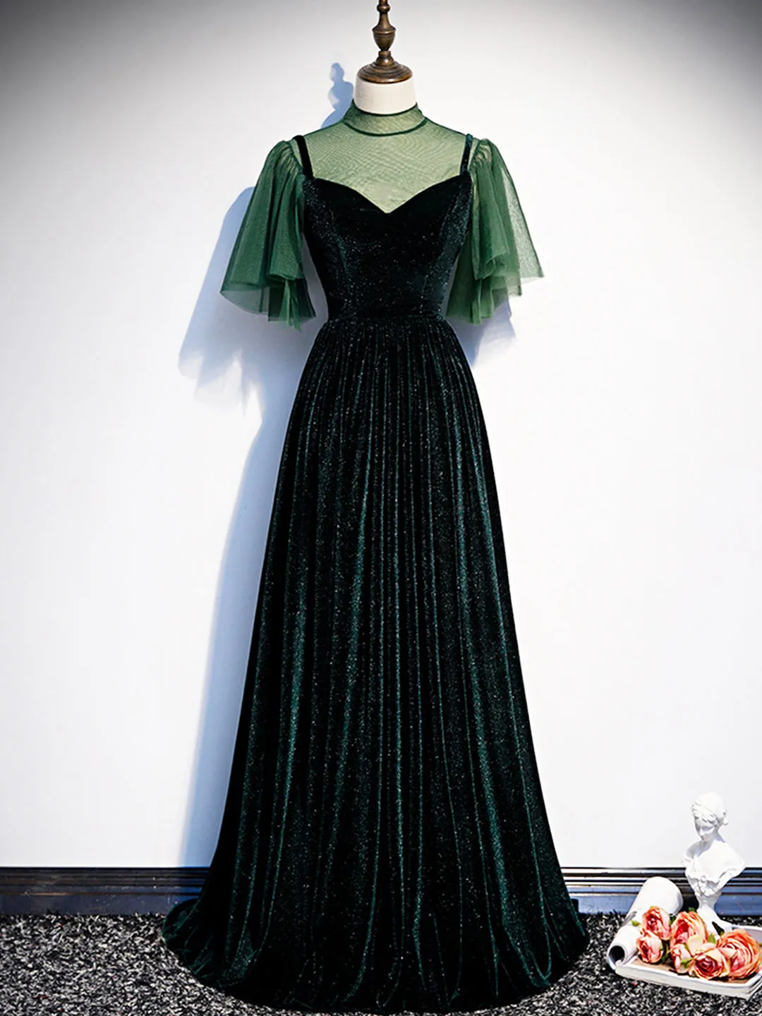 Green Velvet Long Prom Dress Elegant A-Line Green Evening Dress