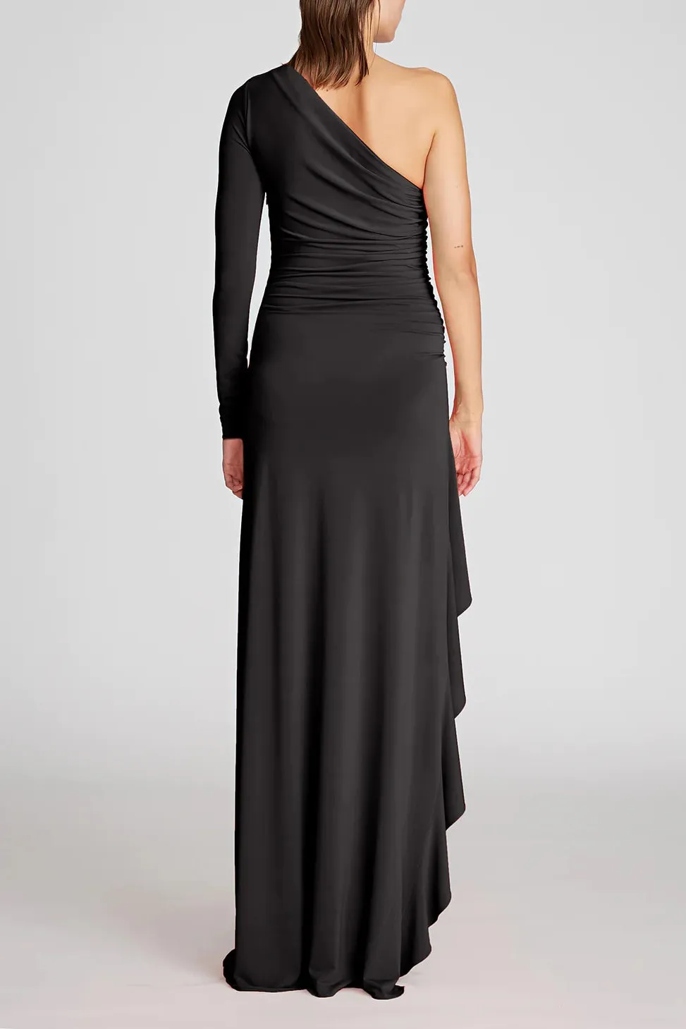 Halston one shoulder neckline long sleeve zipper closure ruched side cascading ruffle side smooth jersey gown