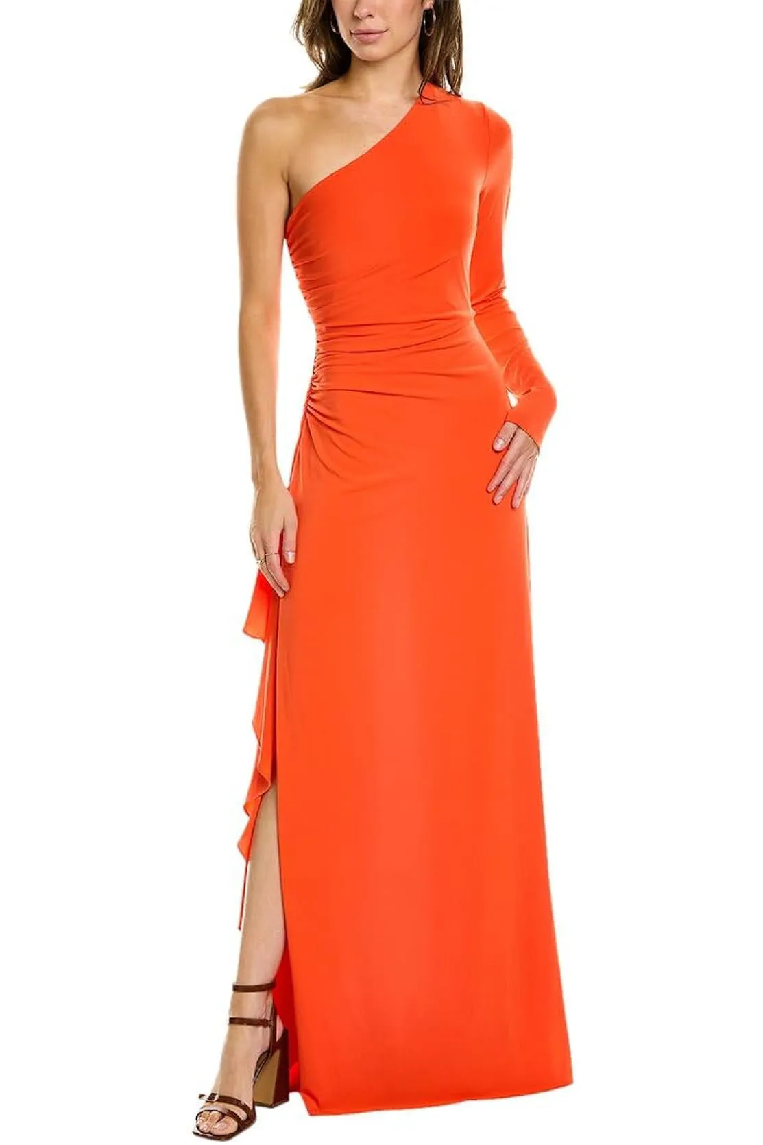 Halston one shoulder neckline long sleeve zipper closure ruched side cascading ruffle side smooth jersey gown