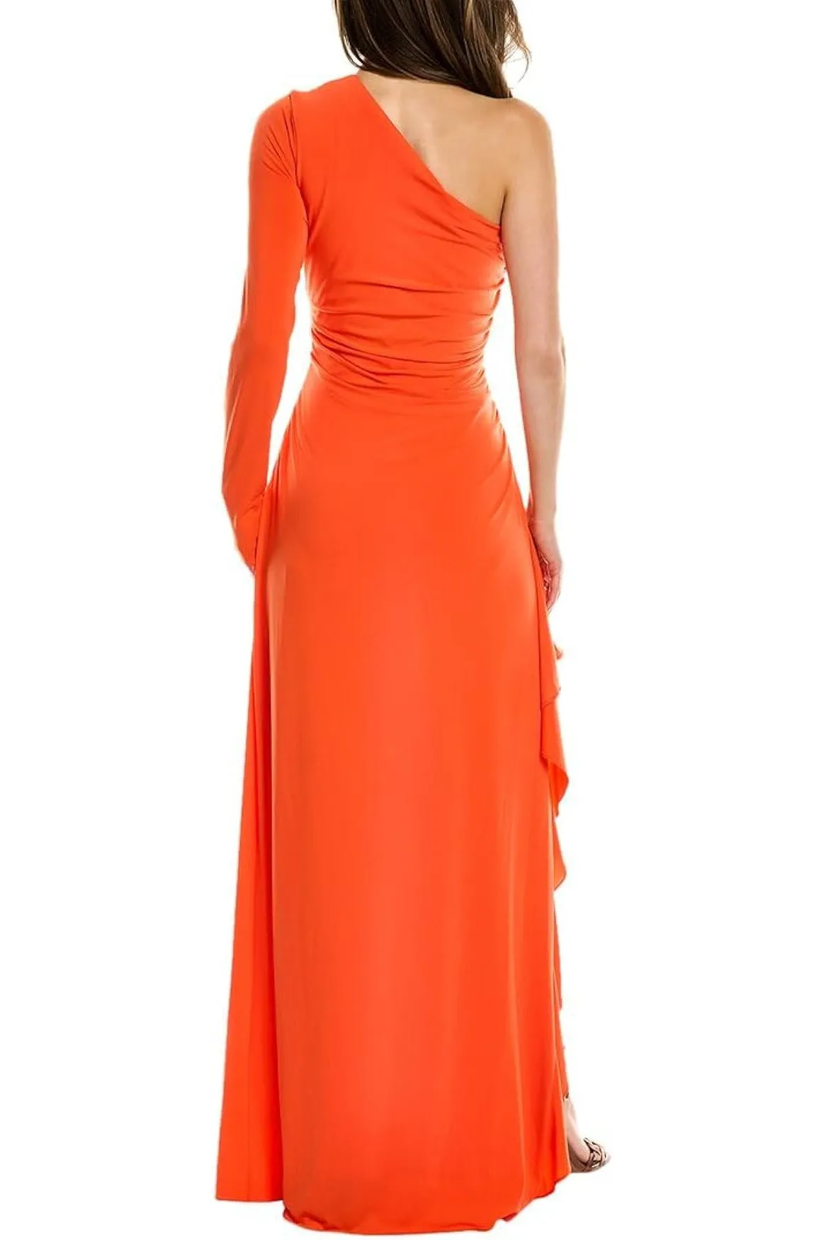 Halston one shoulder neckline long sleeve zipper closure ruched side cascading ruffle side smooth jersey gown