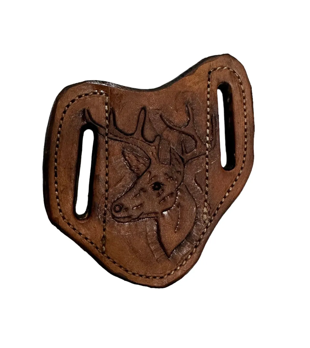 Hand tooled pancake knife sheath deer head