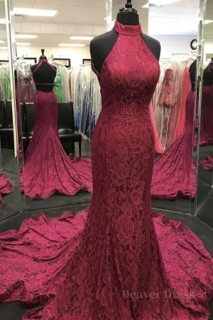 High Neck Backless Burgundy Lace long Prom Dress Long Burgundy Lace Formal Evening Dress Burgundy Ball Gown