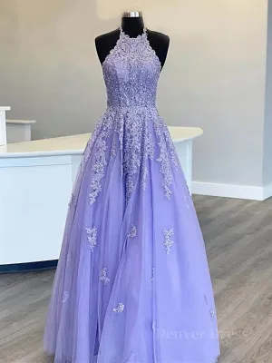 High Neck Long Purple Lace Prom Dresses Purple Lace Formal Evening Dresses