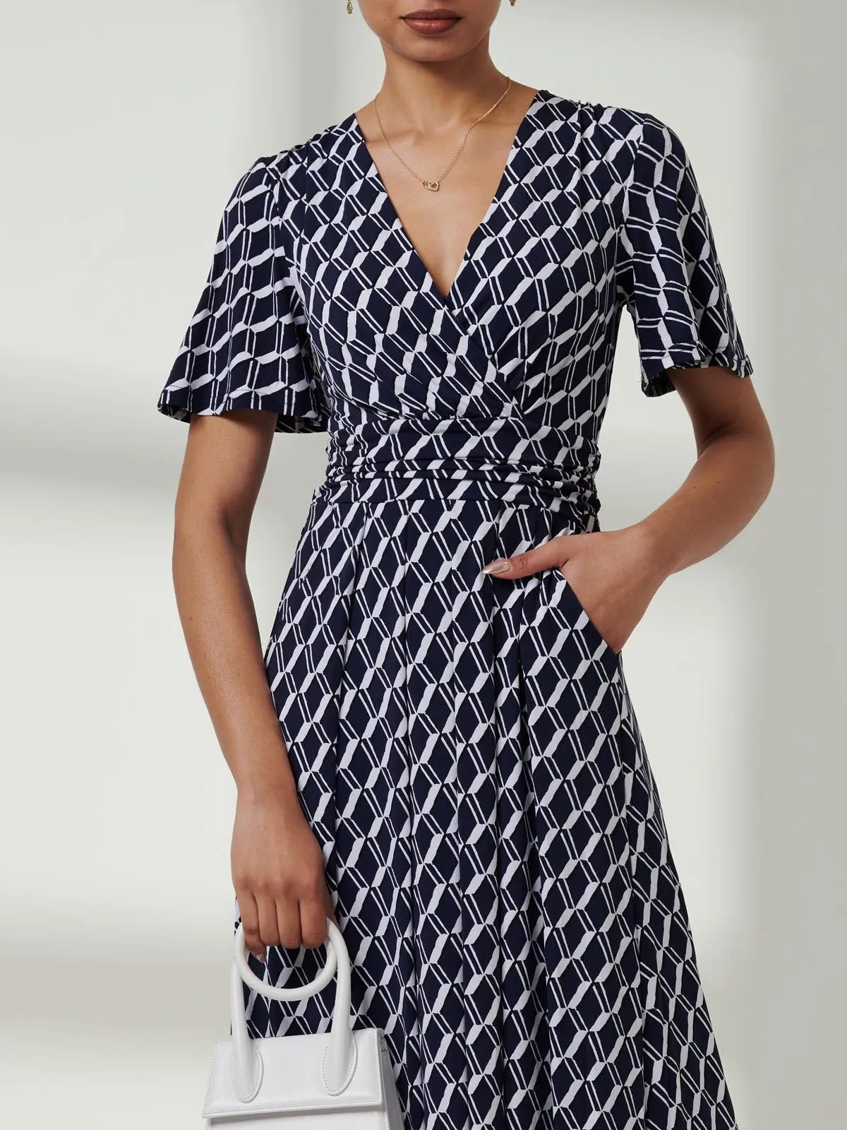 Jaylynn Flare Sleeve Jersey Maxi Dress, Navy Geo