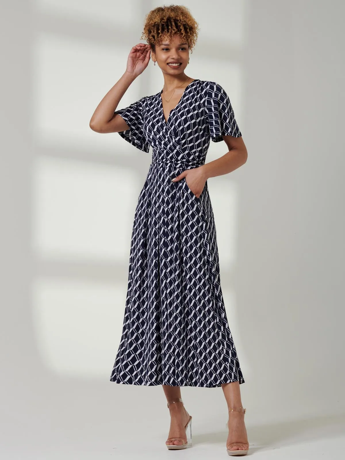 Jaylynn Flare Sleeve Jersey Maxi Dress, Navy Geo