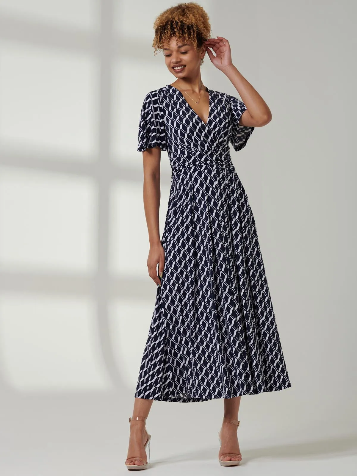 Jaylynn Flare Sleeve Jersey Maxi Dress, Navy Geo