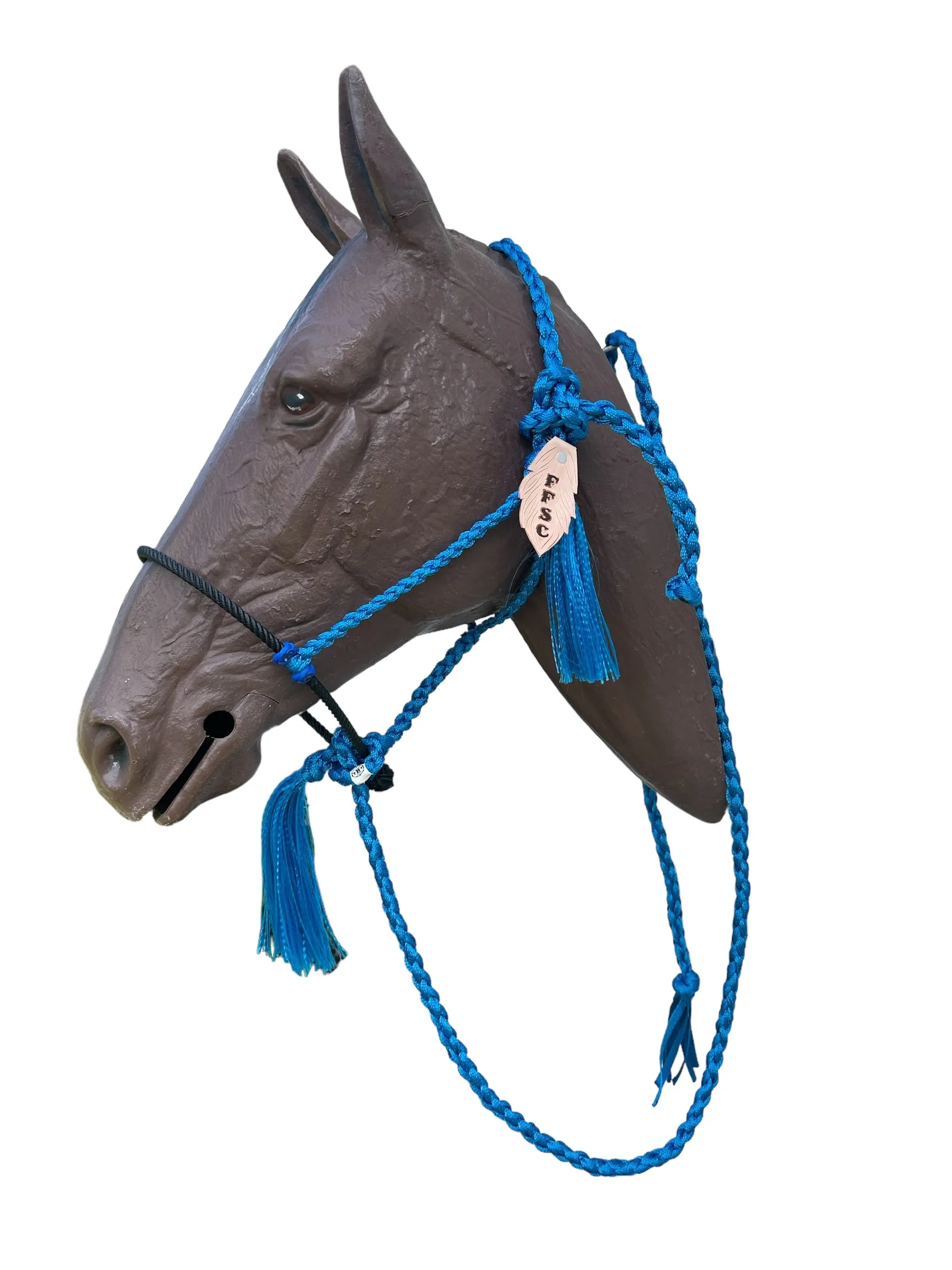 Lariat mule tape horse halter with personalized feather tag and  lead royal blue.