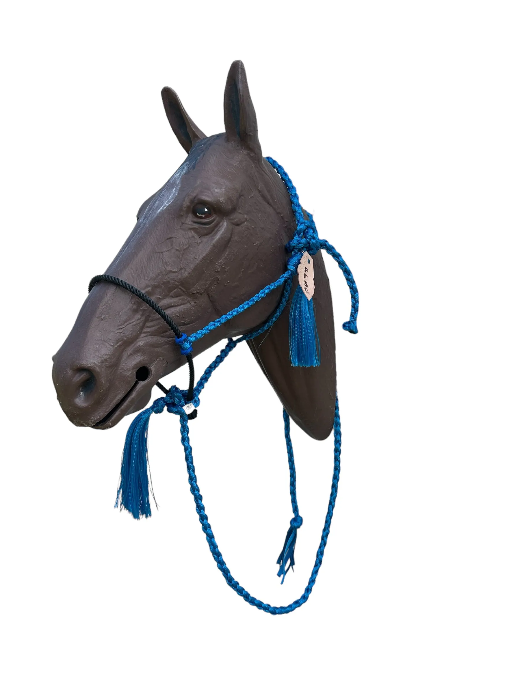 Lariat mule tape horse halter with personalized feather tag and  lead royal blue.