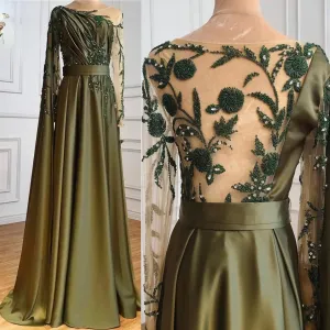 Luxury Olive Green Evening Moroccan Dress Beading Sequined Formal Party Wear Gown Dubai Evening Dress