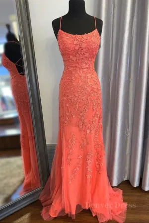 Mermaid Backless Orange Lace Long Prom Dress Mermaid Orange Lace Formal Dress Orange Lace Evening Dress