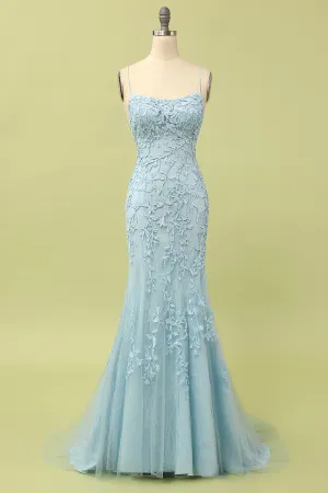 Mermaid Blue Long Prom Dress Backless Evening Dress