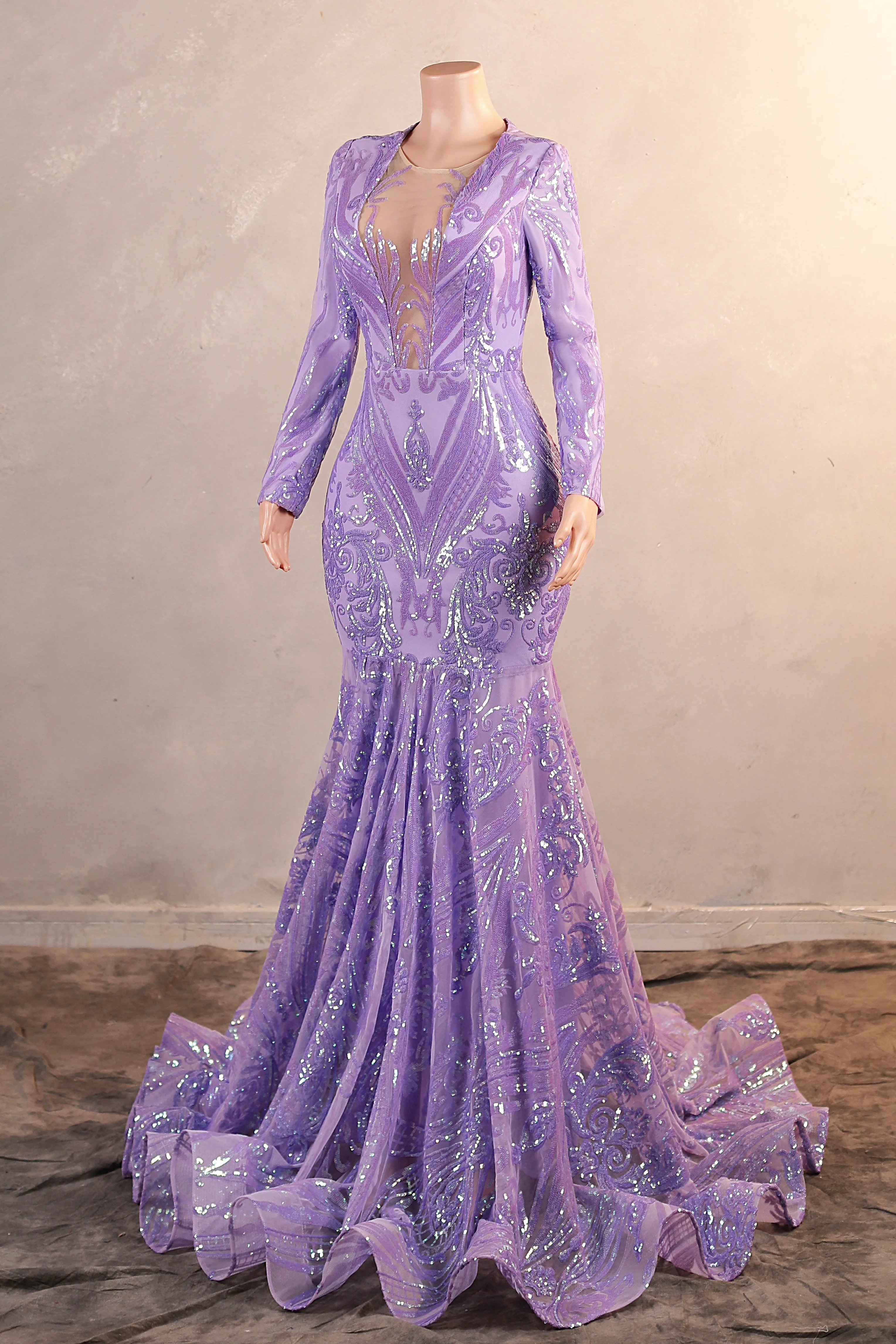 Mermaid Prom Dresses High Neck Long Sleeve Purple Sparkly Sequin Mermaid Long Evening Dresses