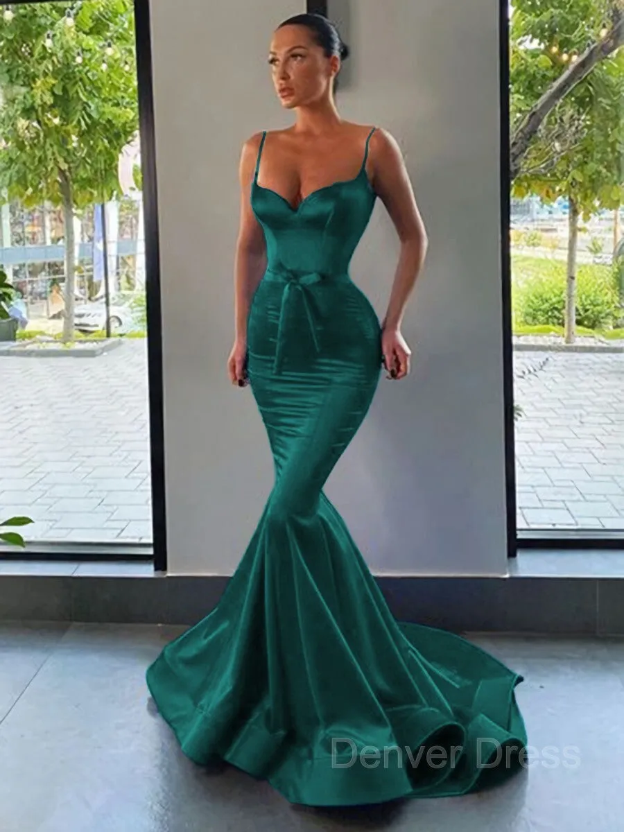 Mermaid Sweetheart Sweep Train Silk like Satin Prom Dresses With Sash