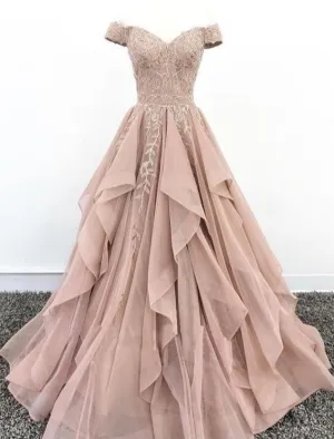 Off Shoulder Dusty Champagne Lace Long Evening Prom Dresses, Evening Party Prom Dresses