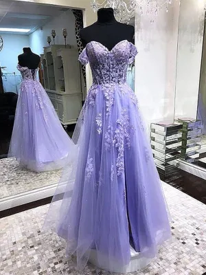 Off Shoulder Lavender Lace Long Prom Dresses Lilac Lace Formal Dresses Purple Evening Dresses