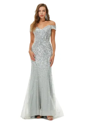 Off Shoulder Mermaid Evening Dresses, Luxurious Silver Bead Trumpet Formal Prom Dress